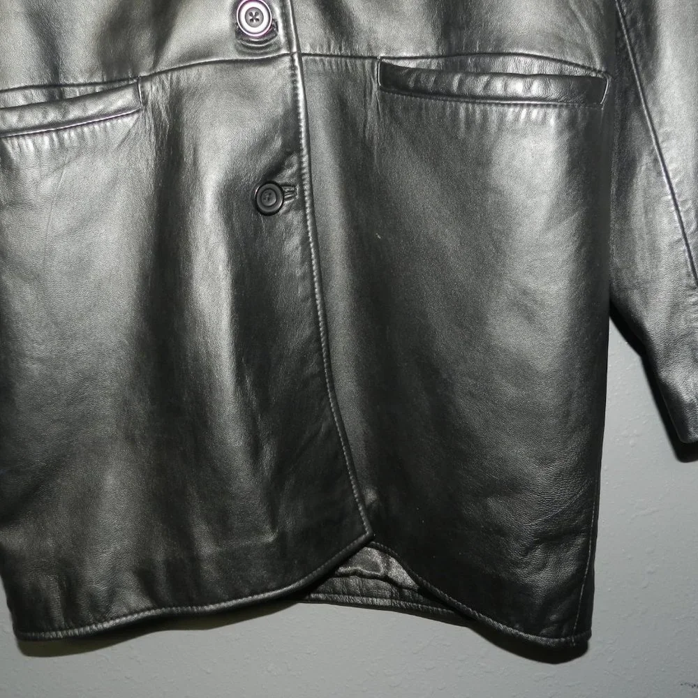 Cabelas Womens Black Genuine Leather Long Button Down Winter Coat Size Medium - Picture 2 of 8